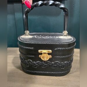 Black Oval Wood Box Handbag Twist Plastic Top Handle Intricate Lace Like Detail